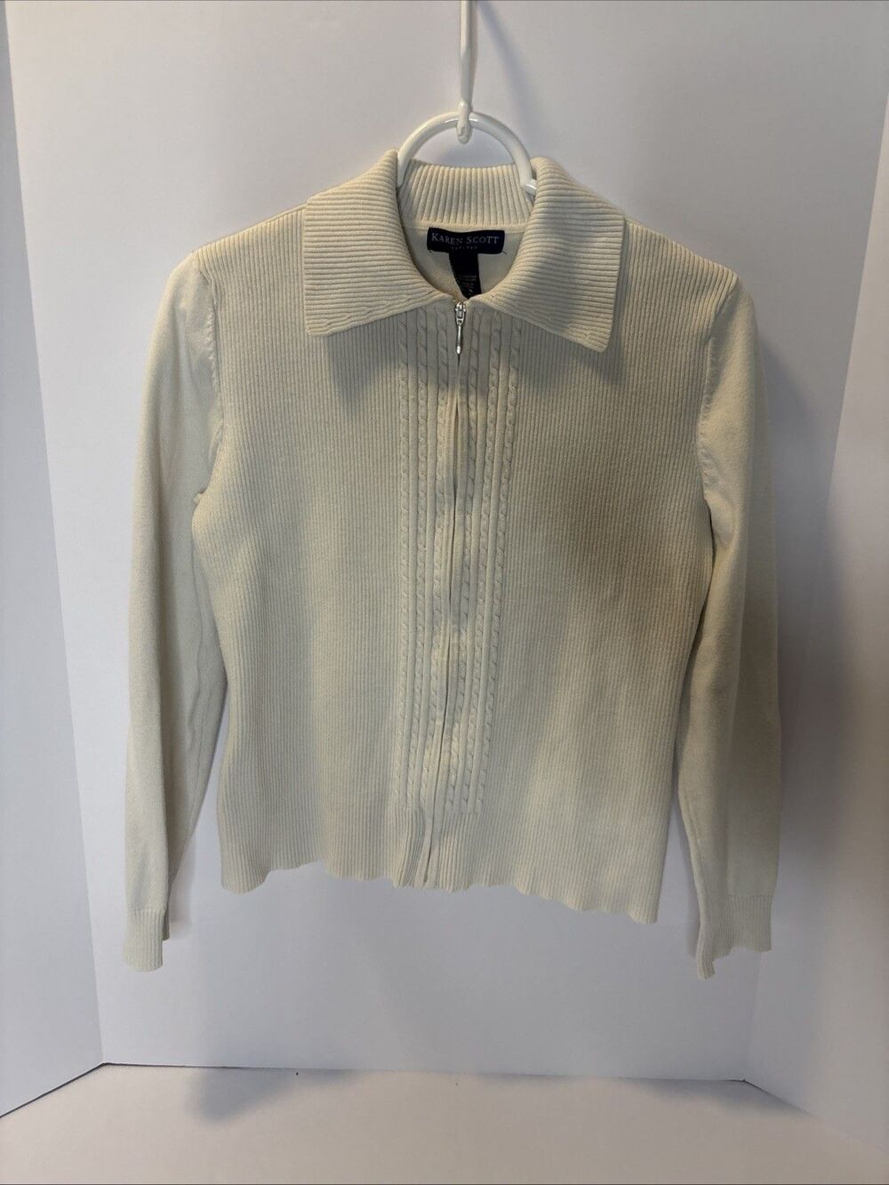 Karen Scott Petite's Women's Ivory collared full zip cardigan sweater ribbed M